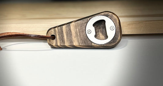 Handmade bottle opener w/ leather strap